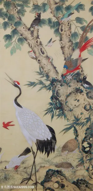 仙鹤大树鸟中式插画 仙鹤大树鸟中式插画