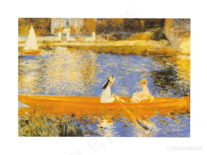 木船湖畔风景画油画