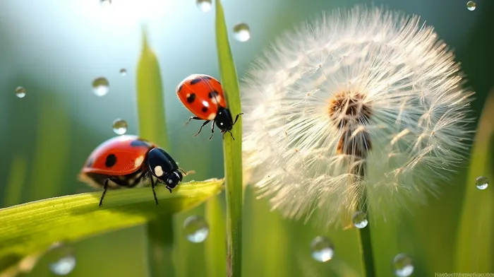 清晨瓢虫蒲公英嫩草叶上露珠摄影图(4368x2448)