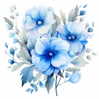 蓝色花朵叶子水彩画插画素材 