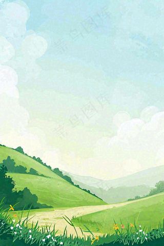 春日郊游草坪小路小花踏青手绘插画，立春春分