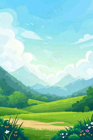 春天郊外旅行蓝天白云清新草地手绘，春分