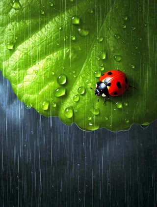 下雨，绿色树叶上，七星瓢虫，雨水，惊蛰，谷雨，春天摄影图