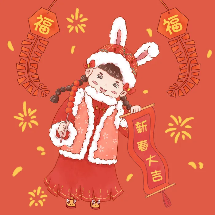 手绘2023兔年新年卡通兔子形象IP插画元素PSD设计素材png图案psd模版下载