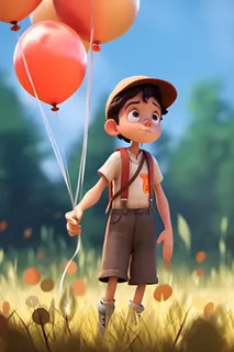 拿着气球的男孩阳光森林草地背景