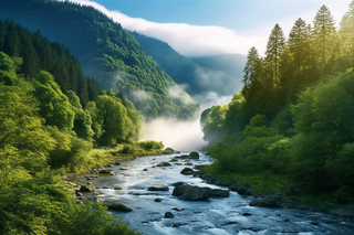 清晨雾气下的森林河流摄影图 