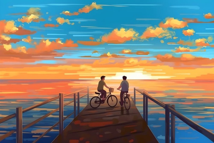 夕阳下骑自行车海边背景(4032x2688)