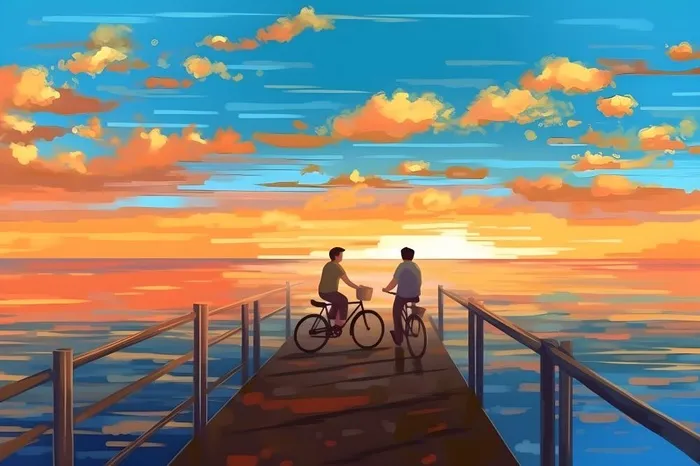夕阳下骑自行车海边背景(4032x2688)