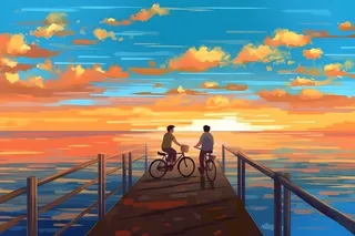 夕阳下骑自行车海边背景