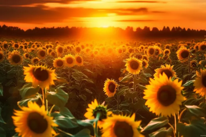 向日葵田上的金色夕阳和明亮的太阳摄影图壁纸(5376x3584)