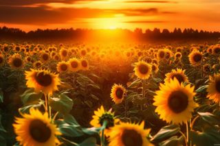 向日葵田上的金色夕阳和明亮的太阳摄影图壁纸