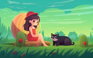 坐着草地上的女孩和猫插画背景