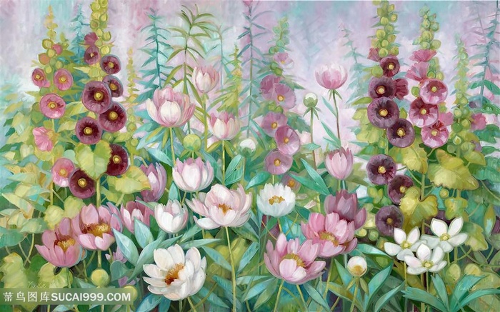 复古手绘水彩花朵油画绘画图片