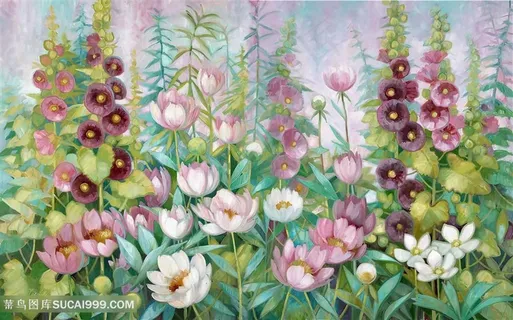 复古手绘水彩花朵油画绘画图片