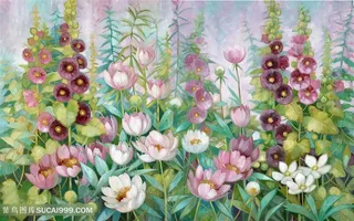 复古手绘水彩花朵油画绘画图片