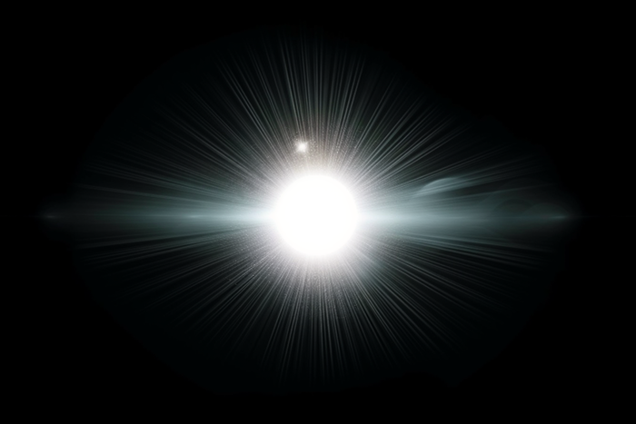 白色发光在黑色背景上爆炸。明亮的星星。透明闪耀的太阳，明亮的闪光背景