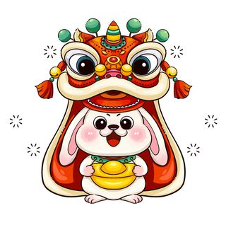 舞狮子元宝兔 舞狮子兔子 兔年兔子 兔年元素 兔子