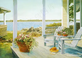 唯美海景木椅高清油画