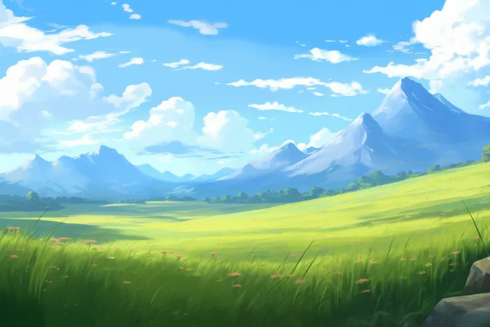 卡通插画春天蓝天白云下的草原山川(4032x2688)