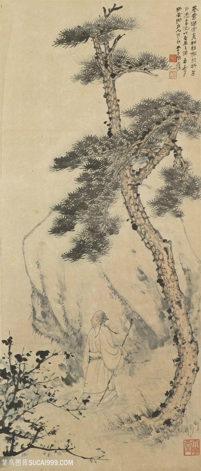 张大千树下的男人国画图片