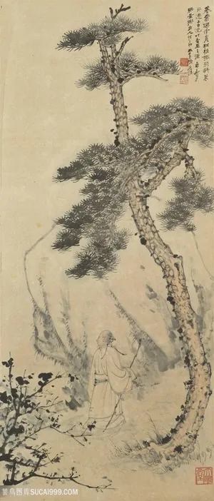 张大千树下的男人国画图片