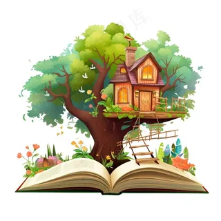 大树上的木屋树屋书本卡通插画免抠