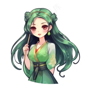 古装少女绿衣裙可爱插画免抠