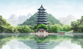 倒影水中的宝塔背后的树木山景风格摄影图