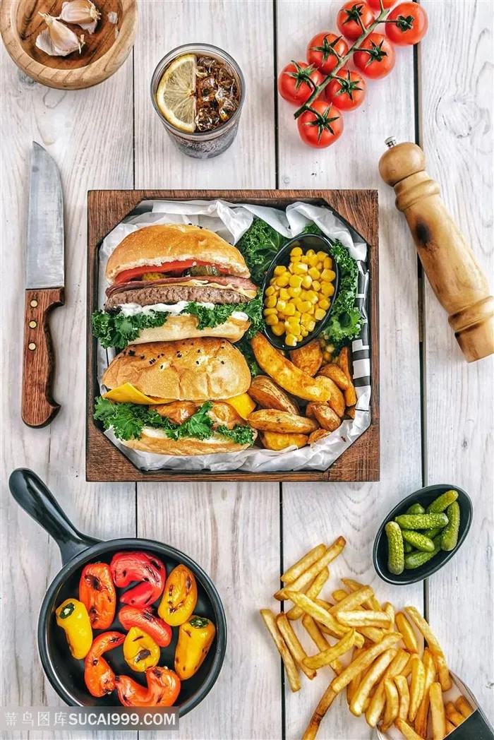 汉堡包搭配水果和蔬菜
