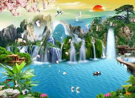 流水生财花鹤山水电视沙发背景墙