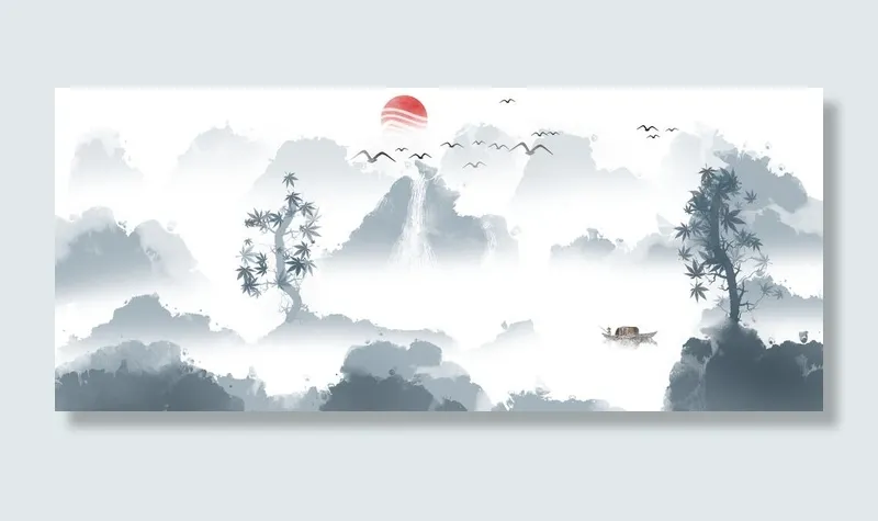 日出瀑布美丽风光景色画PSD素材