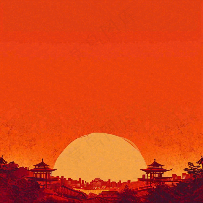 红色渐变国风建筑剪影，中国风简约(1024x1024)
