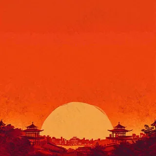 红色渐变国风建筑剪影，中国风简约