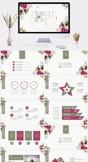 手绘花朵复古风企业公司简介PPT模板预览图