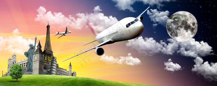 自由女神像上空的飞机图片