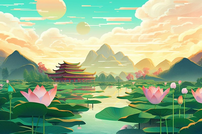 国潮夏日清新荷花建筑插画背景(1344x896)