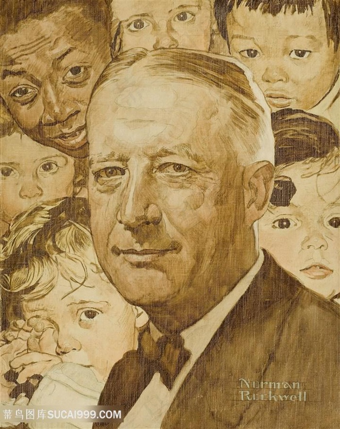 诺曼 · 洛克威尔手绘老人与孩子装饰画
