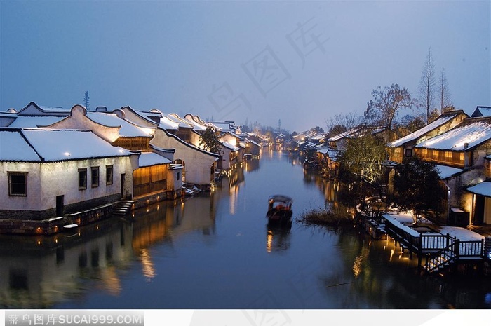 乌镇雪后灯光夜景图片