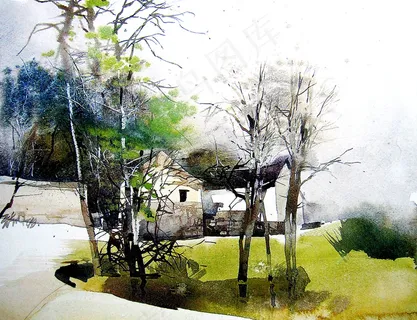 村口的小树林水彩画图片 村口的小树林水彩画图片