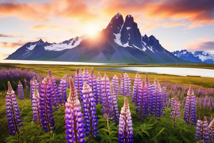 雪山下草丛盛开的紫色的小花摄影图 