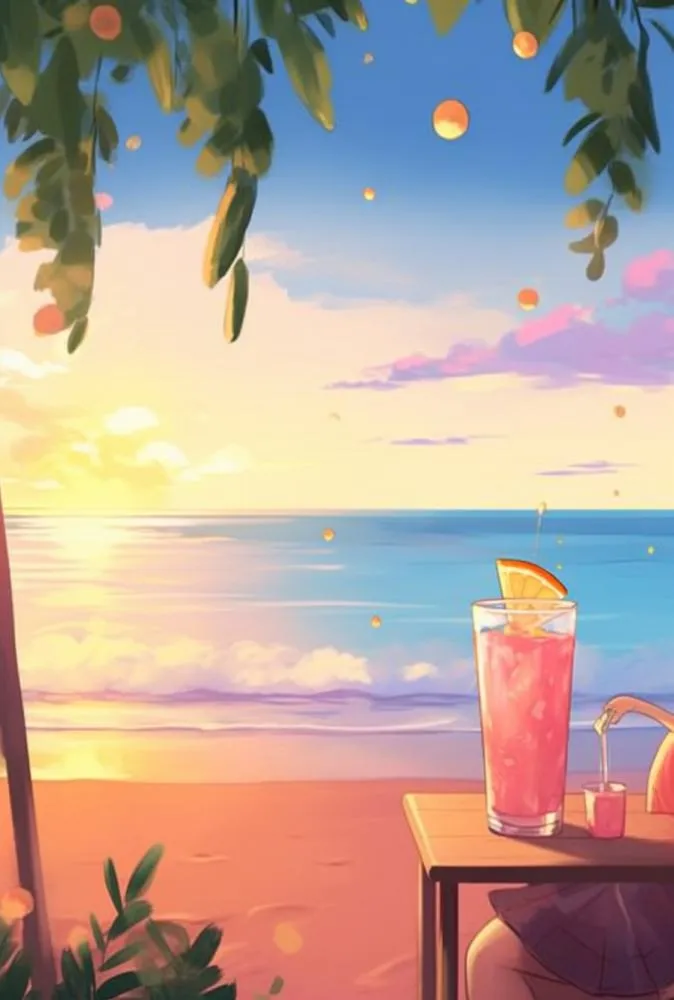 夏日沙滩饮料天空插画背景(896x1328)