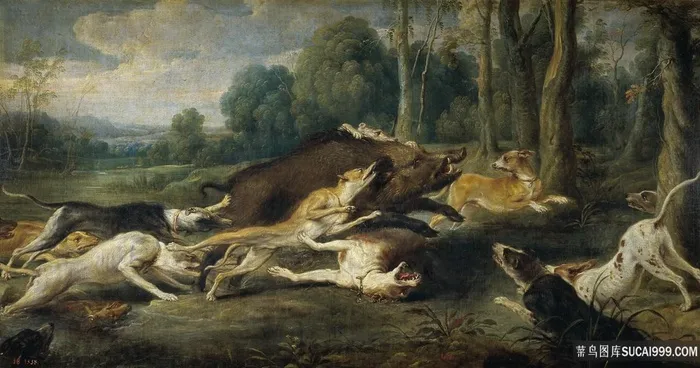 猎狗树林风景画油画