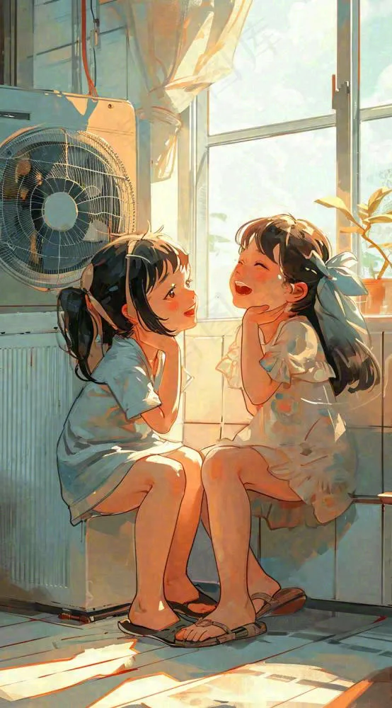 夏天风扇凉快清新儿童，阳光夏至手绘插画(816x1472)