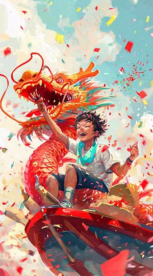 祥龙喜庆欢乐节日，蓝天白云儿童手绘插画