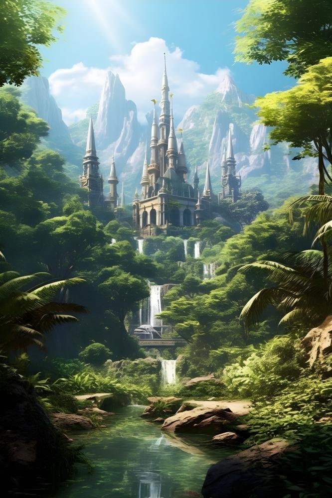 自然风光城堡森林瀑布流水背景(2400x3600)