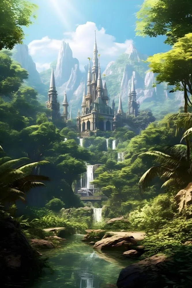 自然风光城堡森林瀑布流水背景(2400x3600)