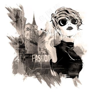 在建筑物前面的时髦女郎高清图