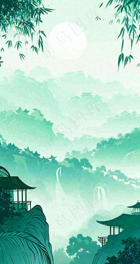 国风意境山水画落日绿色(800x1504)
