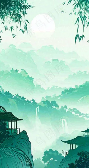 国风意境山水画落日绿色
