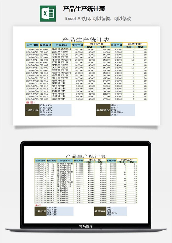 产品生产统计表excel模板